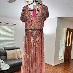 Mac Duggal Pink and Silver Sequin Maxi Dress